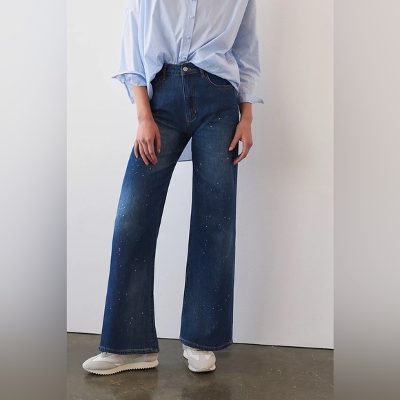 Pilcro Anthropologie The Annie Wide Leg Splatter Medium Wash Jeans Size 30 NEW - Picture 2 of 10